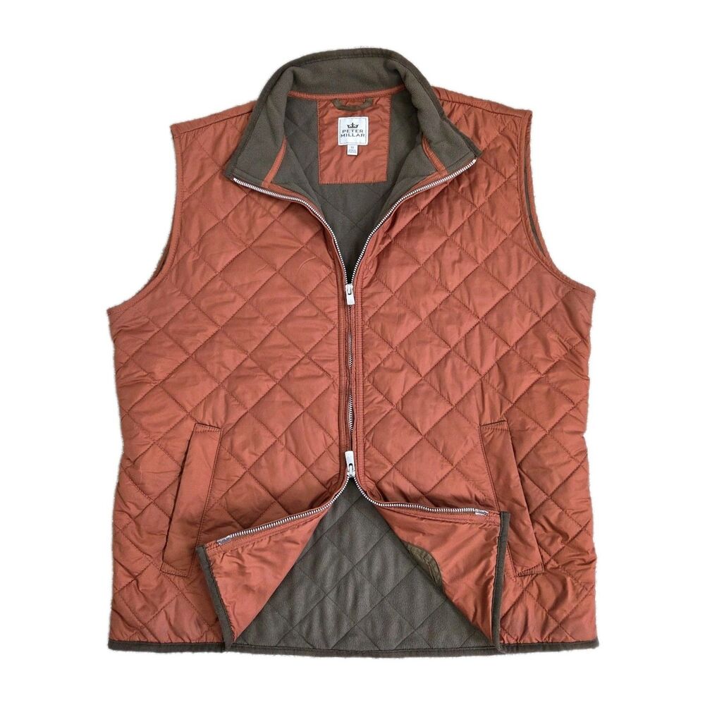 Peter Millar Vest Mens Medium Rust Essex Quilted Vest Fleece Lined Windproof HGV